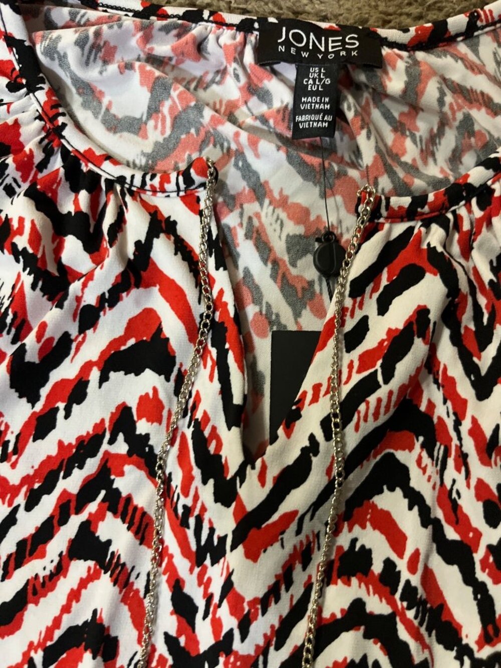 Jones New York Sleeveless Blouse L Red Black Abstract Chain Neck Used - Picture 4 of 14
